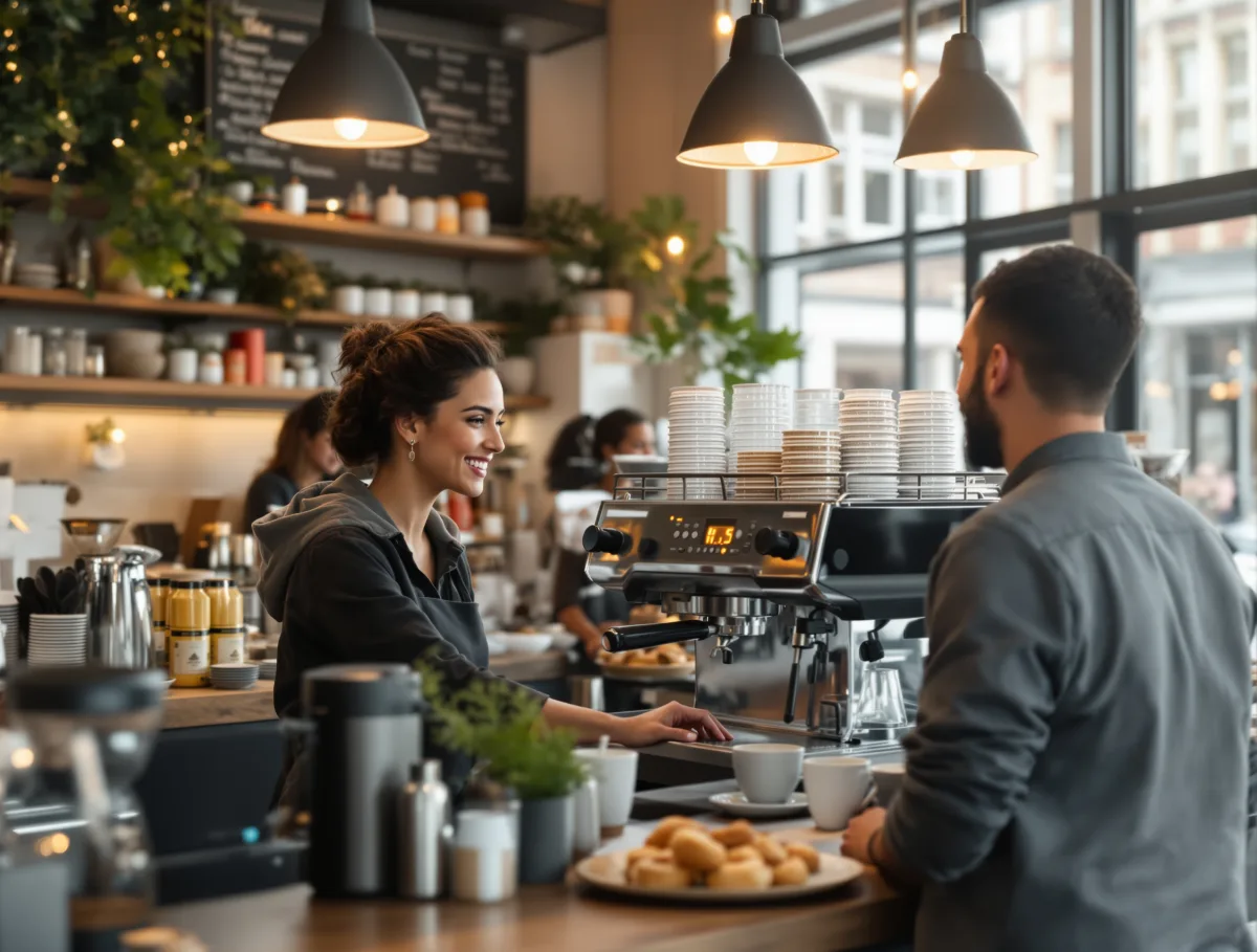 A café owner serving a customer at the counter, one of the small businesses Pay Monthly Websites UK builds websites for