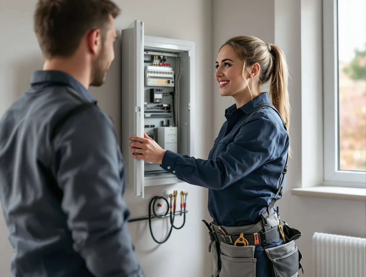 An electrician checking a consumer unit while the homeowner watches, one of the small businesses Pay Monthly Websites UK builds websites for