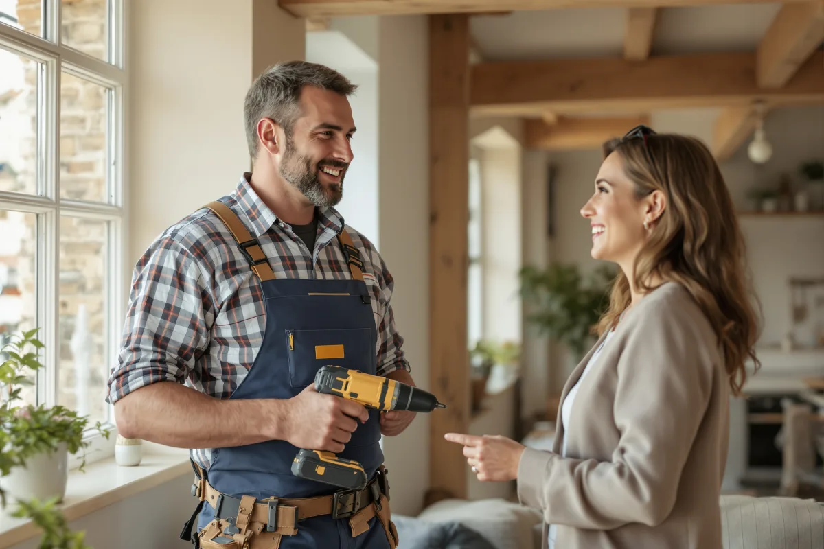 A joiner talking a homeowner through a finished renovation, one of the small businesses Pay Monthly Websites UK builds websites for