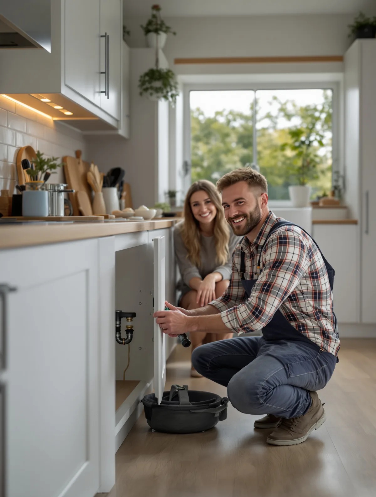 A plumber working on pipework under a kitchen sink, one of the small businesses Pay Monthly Websites UK builds websites for
