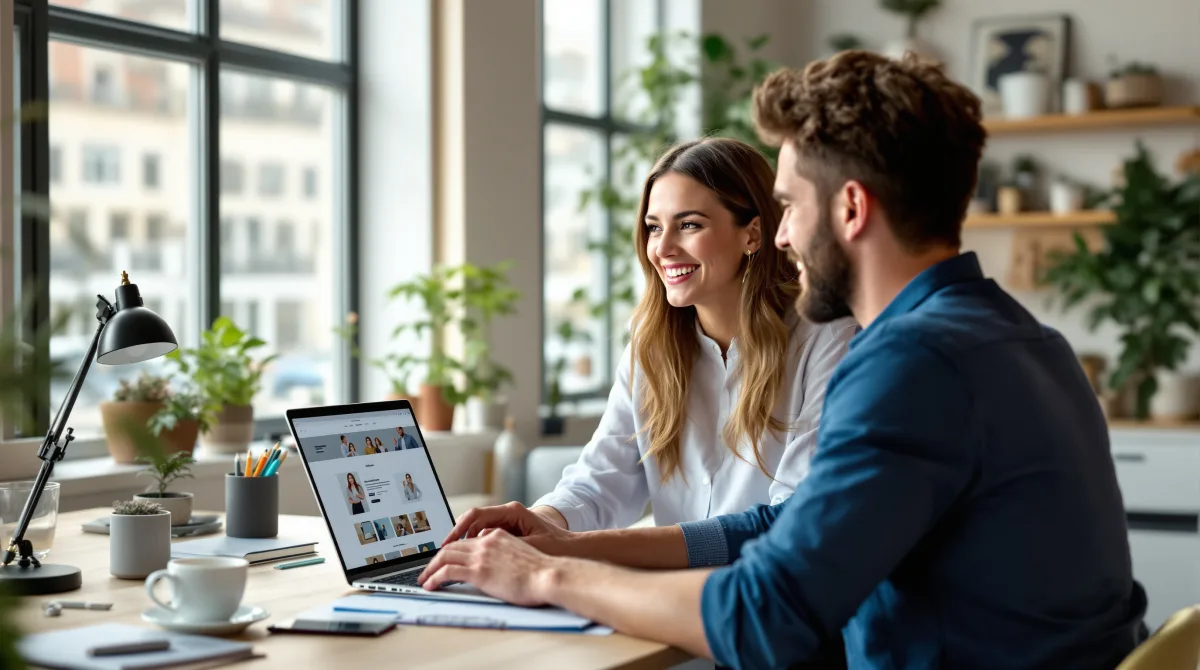 Two colleagues at a small design studio looking at their new website on a laptop, one of the small businesses Pay Monthly Websites UK builds websites for